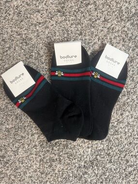 Bodlure Black Bee Ankle Socks with Red & Green Stripe Detail